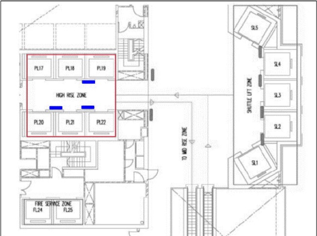 L37 transfer lobby partial plan: high rise zone lifts PL17-PL22, shuttle lifts SL1-SL5, fire service lifts FL24/25 (DOP locations)