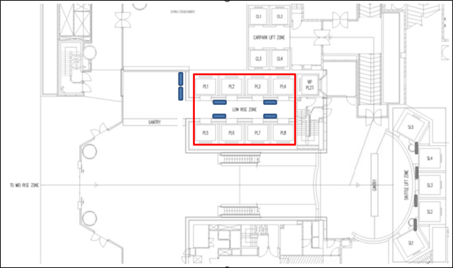 L1 main lobby partial plan: low rise zone lifts PL1-PL8, carpark lifts CL1-CL4, shuttle lifts SL1-SL5, gantry (DOP locations)